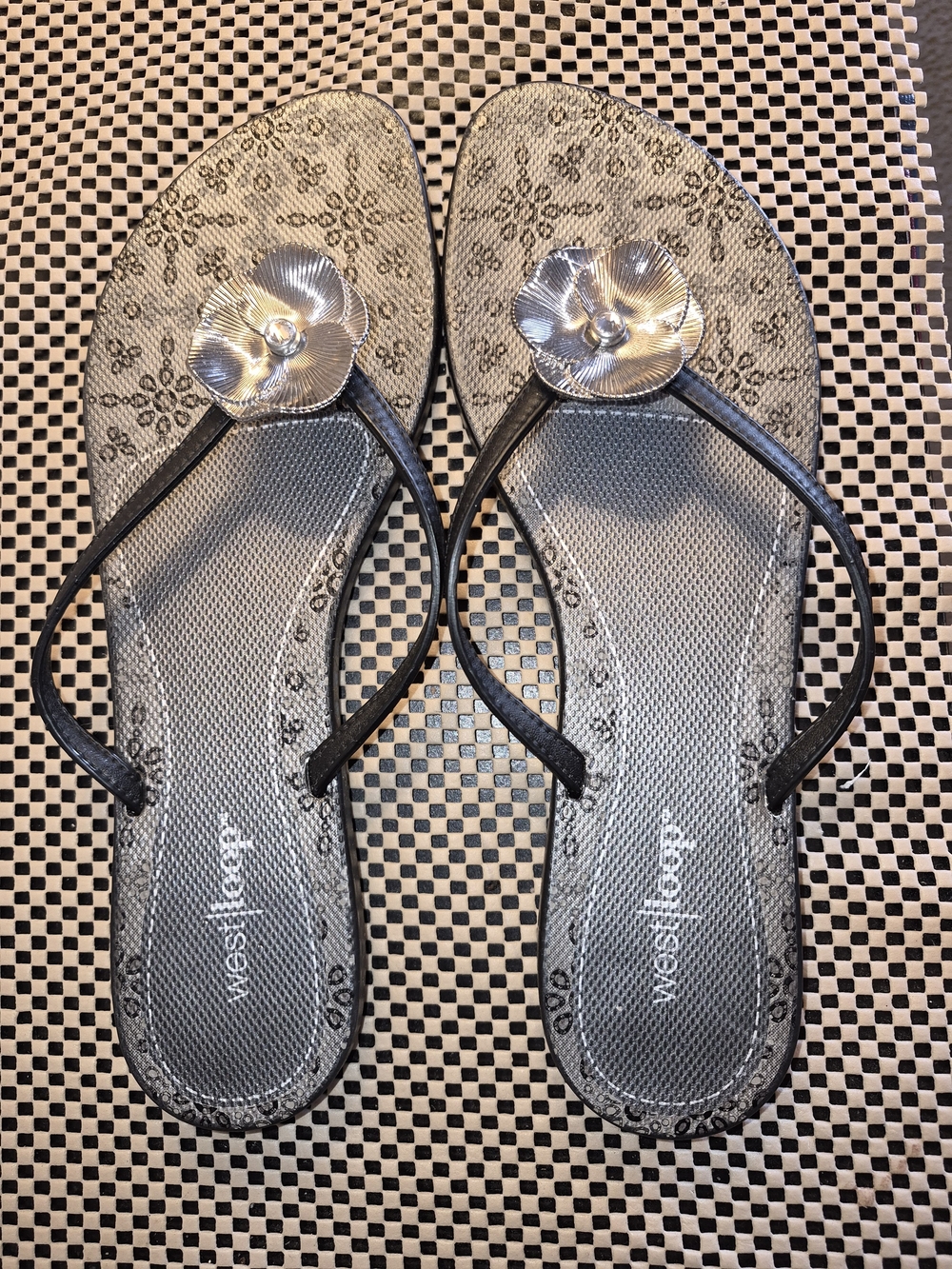 west loop Silver Floral Flower Flip Flop Sandals